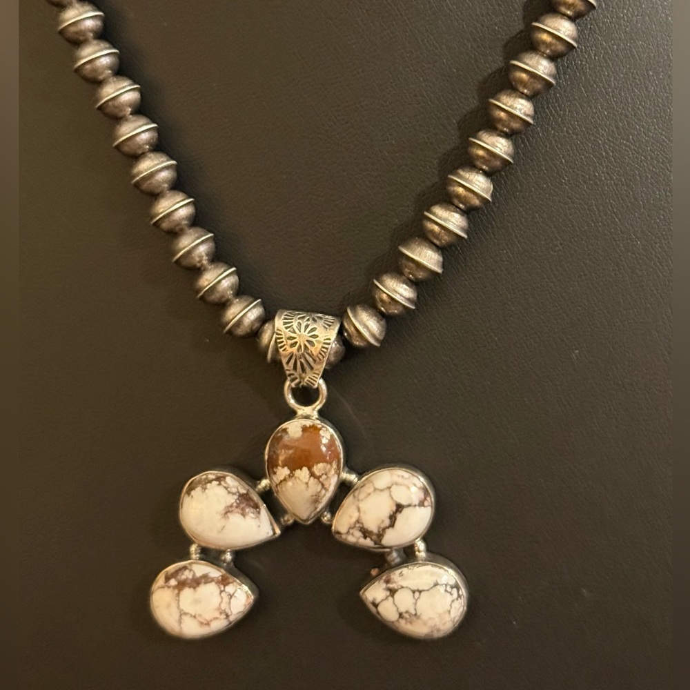 Western Sterling Silver Navajo Bench Beads White Buffalo Squash Blossom Necklace